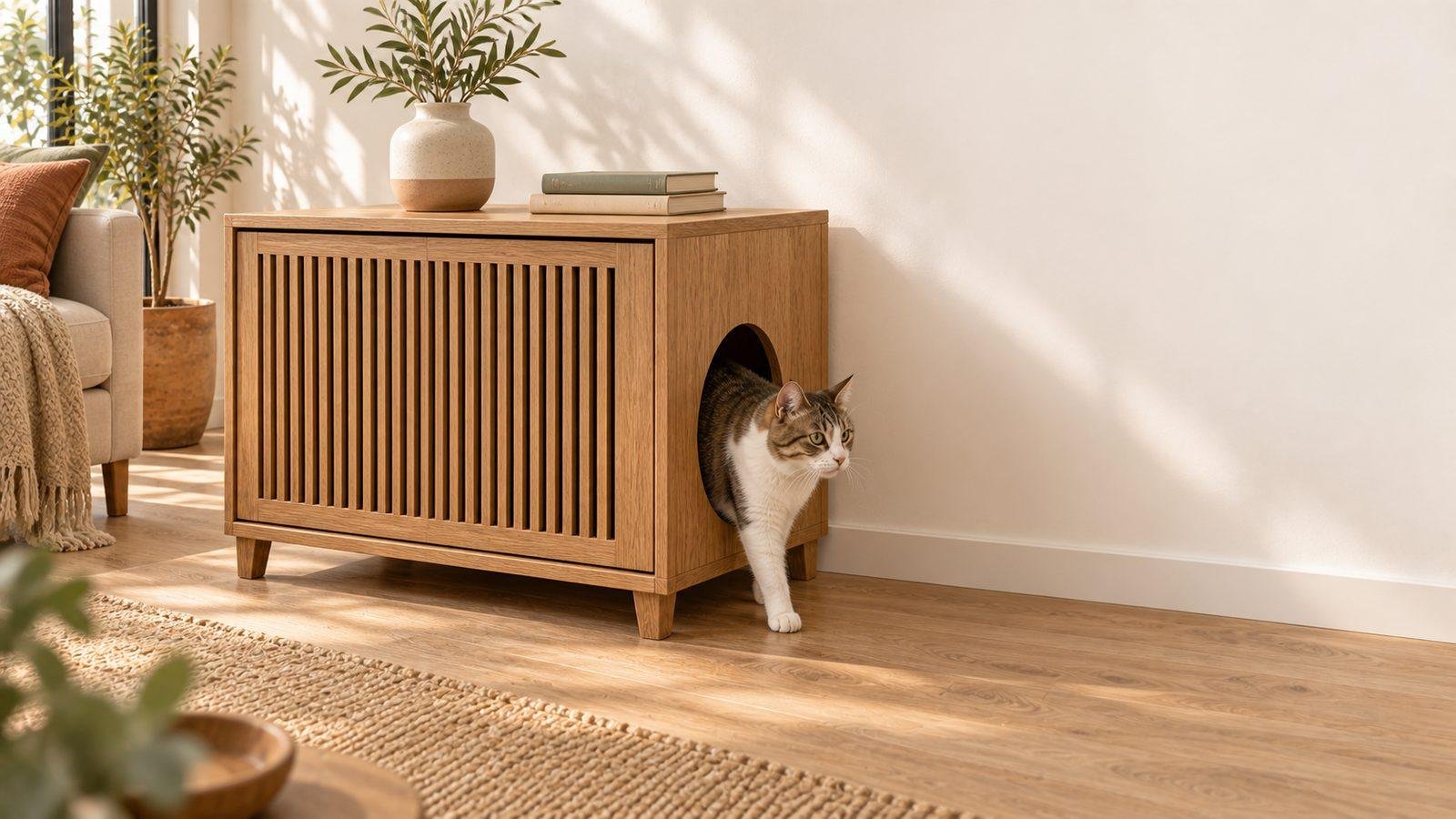 Mueble arenero de madera con puerta de duelas