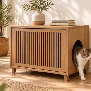 Mueble arenero de madera con gato saliendo