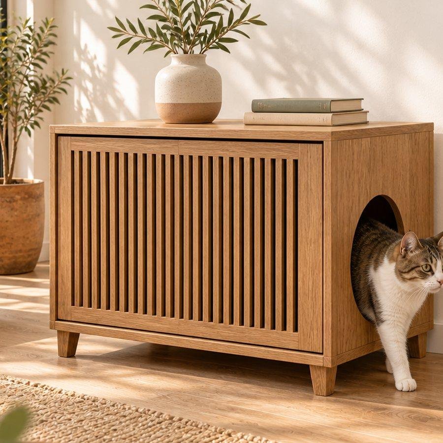 Mueble arenero de madera con gato saliendo