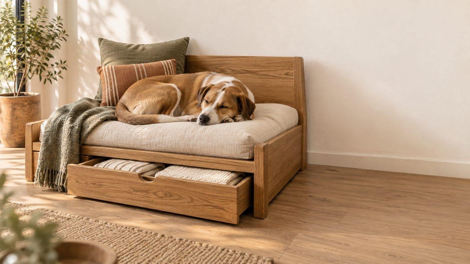 Cama de madera para perro con cajón
