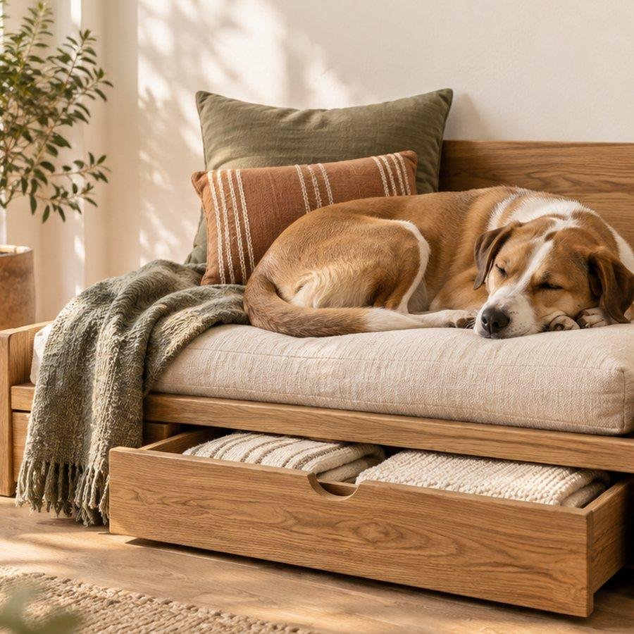Cama plataforma de madera con cajón y perro dormido