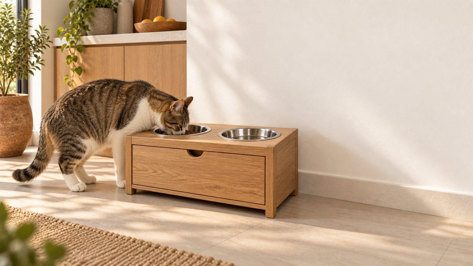 Comedero de madera con tazones de acero