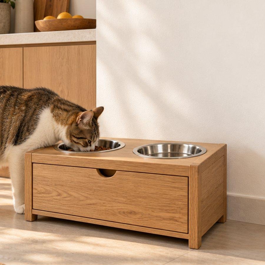 Comedero elevado de madera con dos tazones y gato comiendo